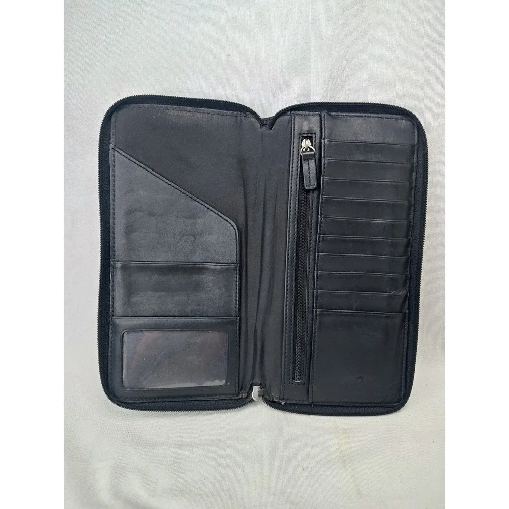 COACH‎ Vintage Black Pebbled Leather Zip Around Long Wallet Organizer ID Window